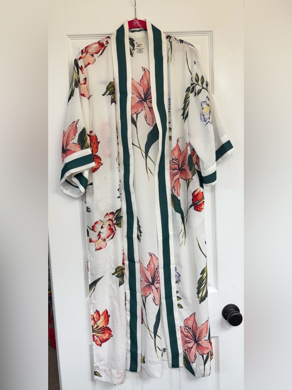 Floral Long Kimono Duster with Green Trim XS/S